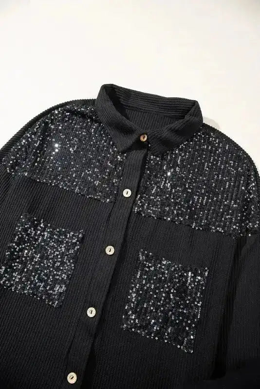 Parchment Sequin Patch Chest Pocket Corded Shacket - Fashionfitz