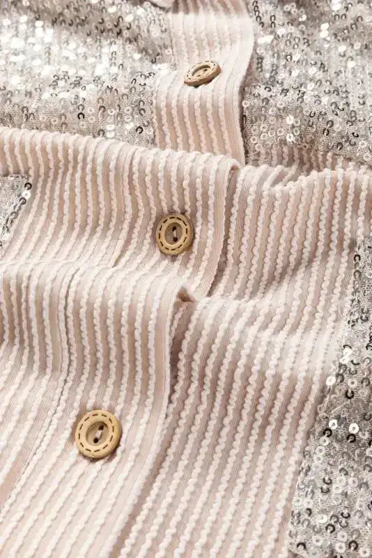 Parchment Sequin Patch Chest Pocket Corded Shacket - Fashionfitz