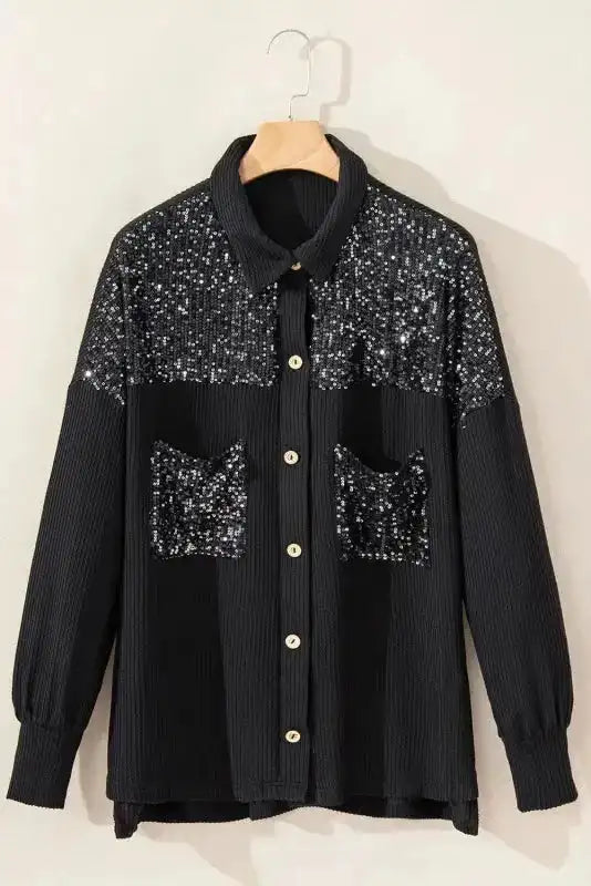Parchment Sequin Patch Chest Pocket Corded Shacket - Fashionfitz