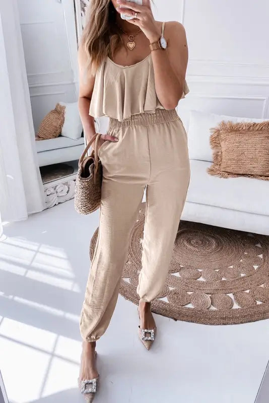 Parchment smocked jogger jumpsuit - s / 100% polyester - jumpsuits