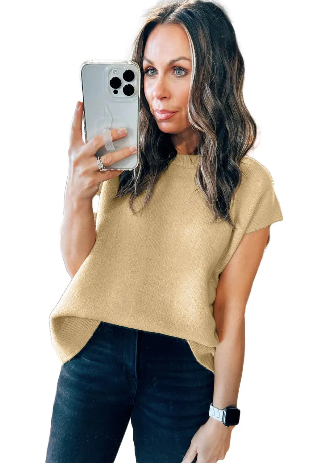 Parchment solid color ribbed trim short sleeve sweater - sweaters & cardigans