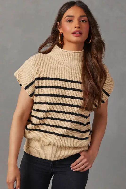 Parchment striped ribbed knit high neck sweater - sweaters & cardigans