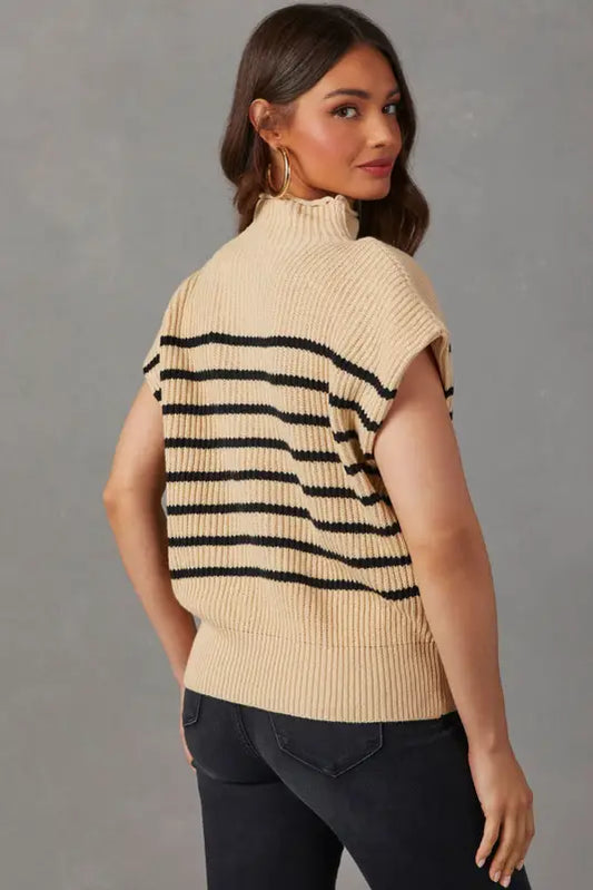 Parchment striped ribbed knit high neck sweater - sweaters & cardigans