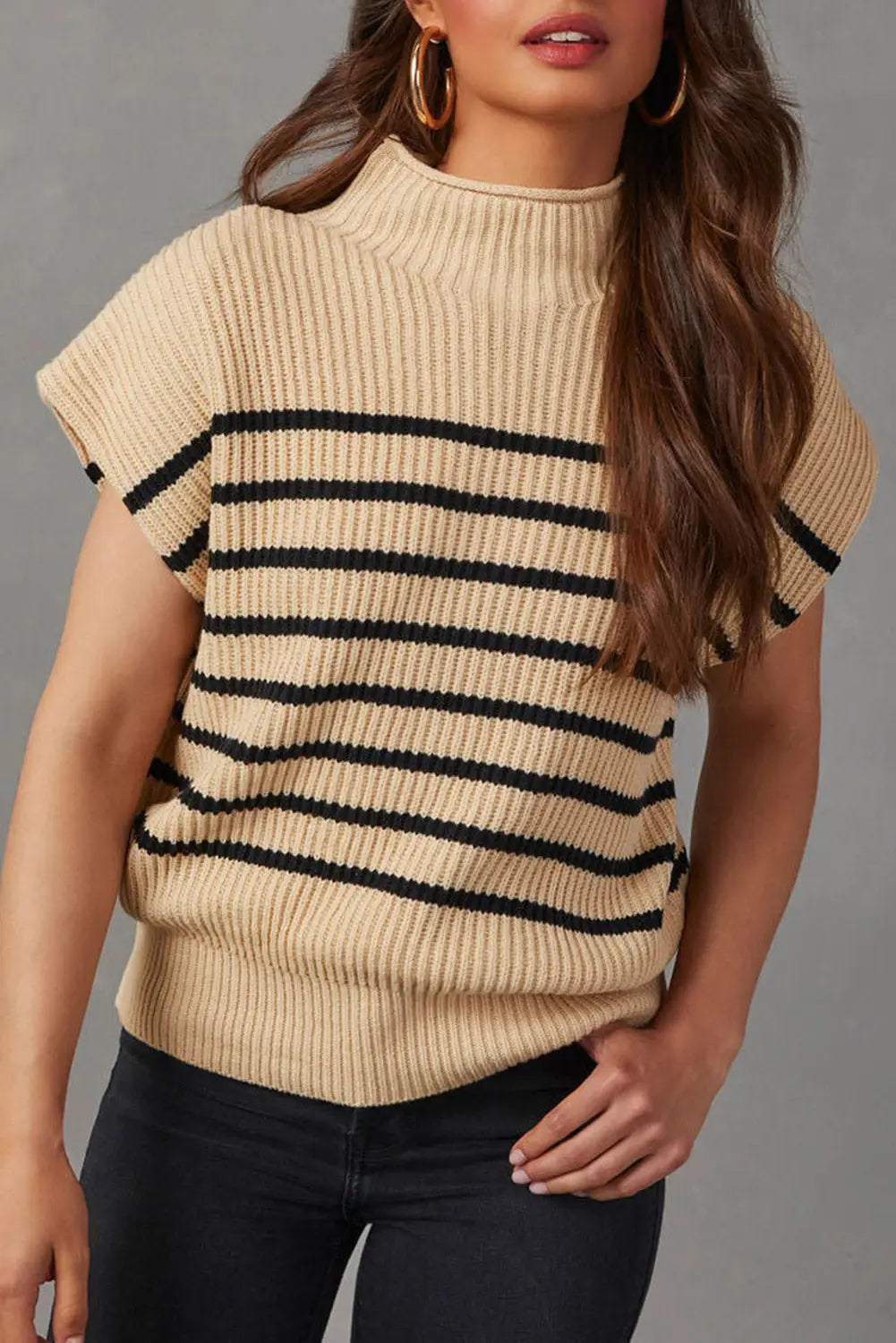Parchment striped ribbed knit high neck sweater - l / 55% acrylic + 45% cotton - sweaters & cardigans