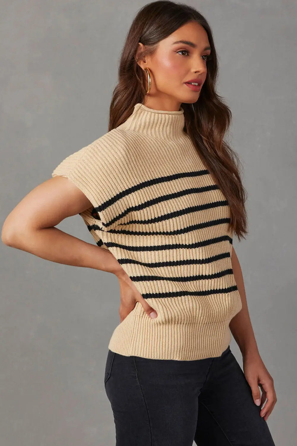 Parchment striped ribbed knit high neck sweater - sweaters & cardigans