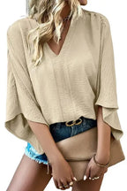 Parchment V-Neck Wide Sleeve Crinkled Blouse - Fashionfitz