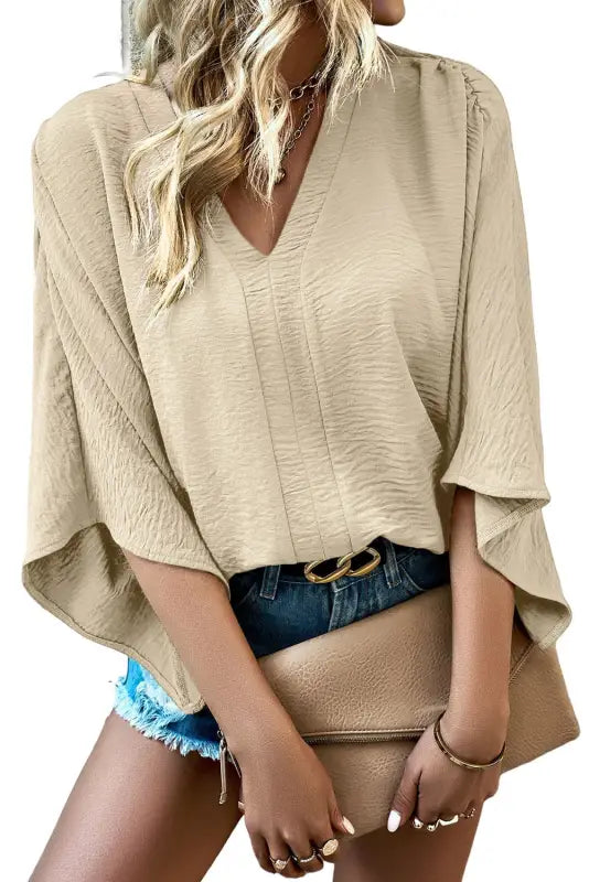 Parchment solid v neck wide sleeve crinkled blouse - blouses & shirts