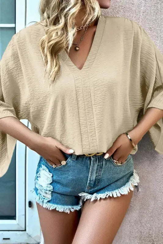 Parchment V-Neck Wide Sleeve Crinkled Blouse - Fashionfitz