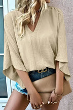 Parchment V-Neck Wide Sleeve Crinkled Blouse - Fashionfitz
