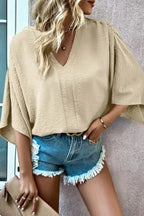 Parchment V-Neck Wide Sleeve Crinkled Blouse - Fashionfitz