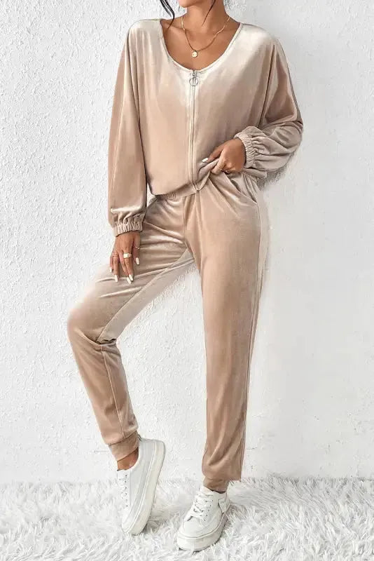 Parchment Velvet Zipped Top and Joggers Two Piece Set - Fashionfitz