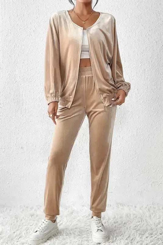 Parchment Velvet Zipped Top and Joggers Two Piece Set - Fashionfitz