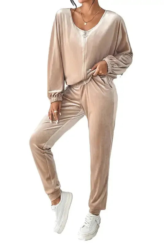 Parchment Velvet Zipped Top and Joggers Two Piece Set - Fashionfitz