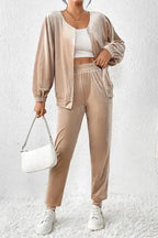 Parchment Velvet Zipped Top and Joggers Two Piece Set - Fashionfitz