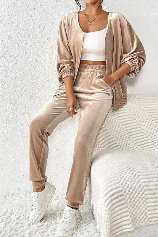 Parchment Velvet Zipped Top and Joggers Two Piece Set - Fashionfitz