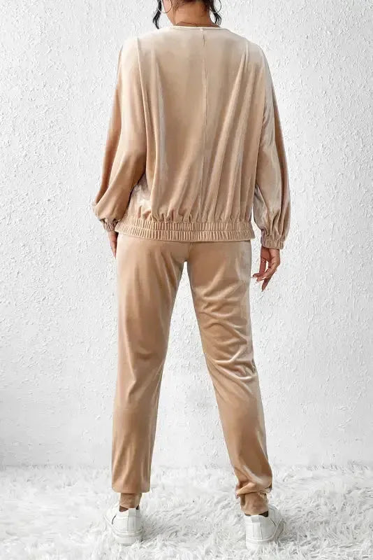 Parchment Velvet Zipped Top and Joggers Two Piece Set - Fashionfitz