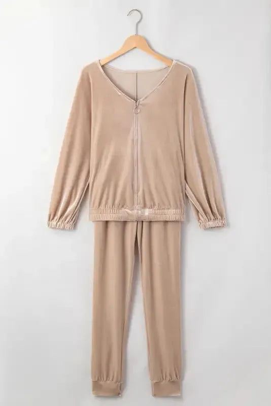 Parchment Velvet Zipped Top and Joggers Two Piece Set - Fashionfitz