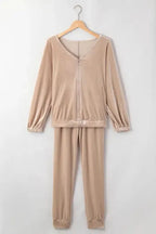 Parchment Velvet Zipped Top and Joggers Two Piece Set - Fashionfitz