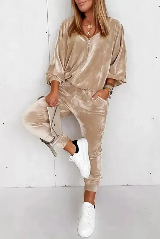 Parchment Velvet Zipped Top and Joggers Two Piece Set - Fashionfitz