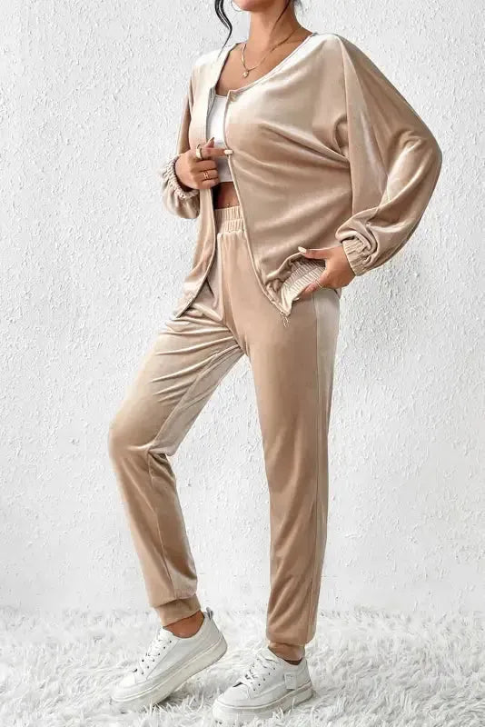 Parchment Velvet Zipped Top and Joggers Two Piece Set - Fashionfitz