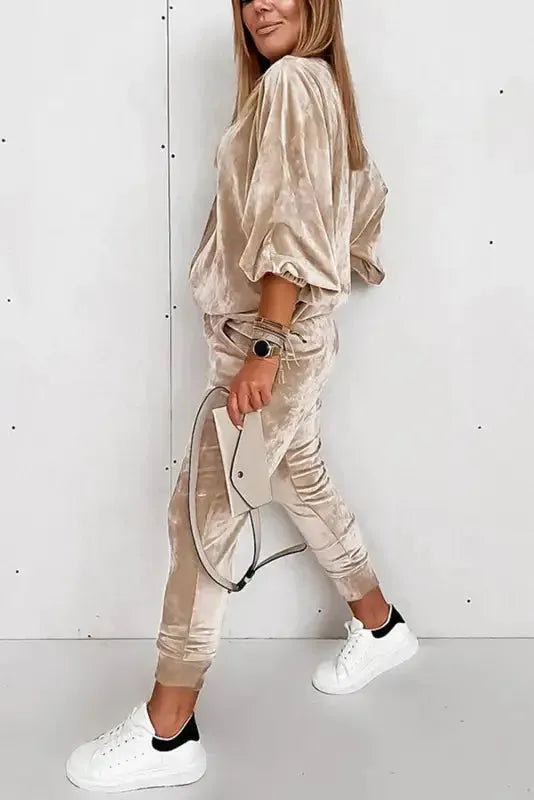 Parchment Velvet Zipped Top and Joggers Two Piece Set - Fashionfitz