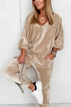 Parchment Velvet Zipped Top and Joggers Two Piece Set - Fashionfitz