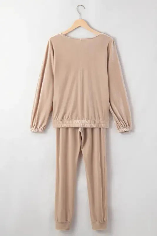 Parchment Velvet Zipped Top and Joggers Two Piece Set - Fashionfitz