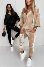Parchment Velvet Zipped Top and Joggers Two Piece Set - Fashionfitz