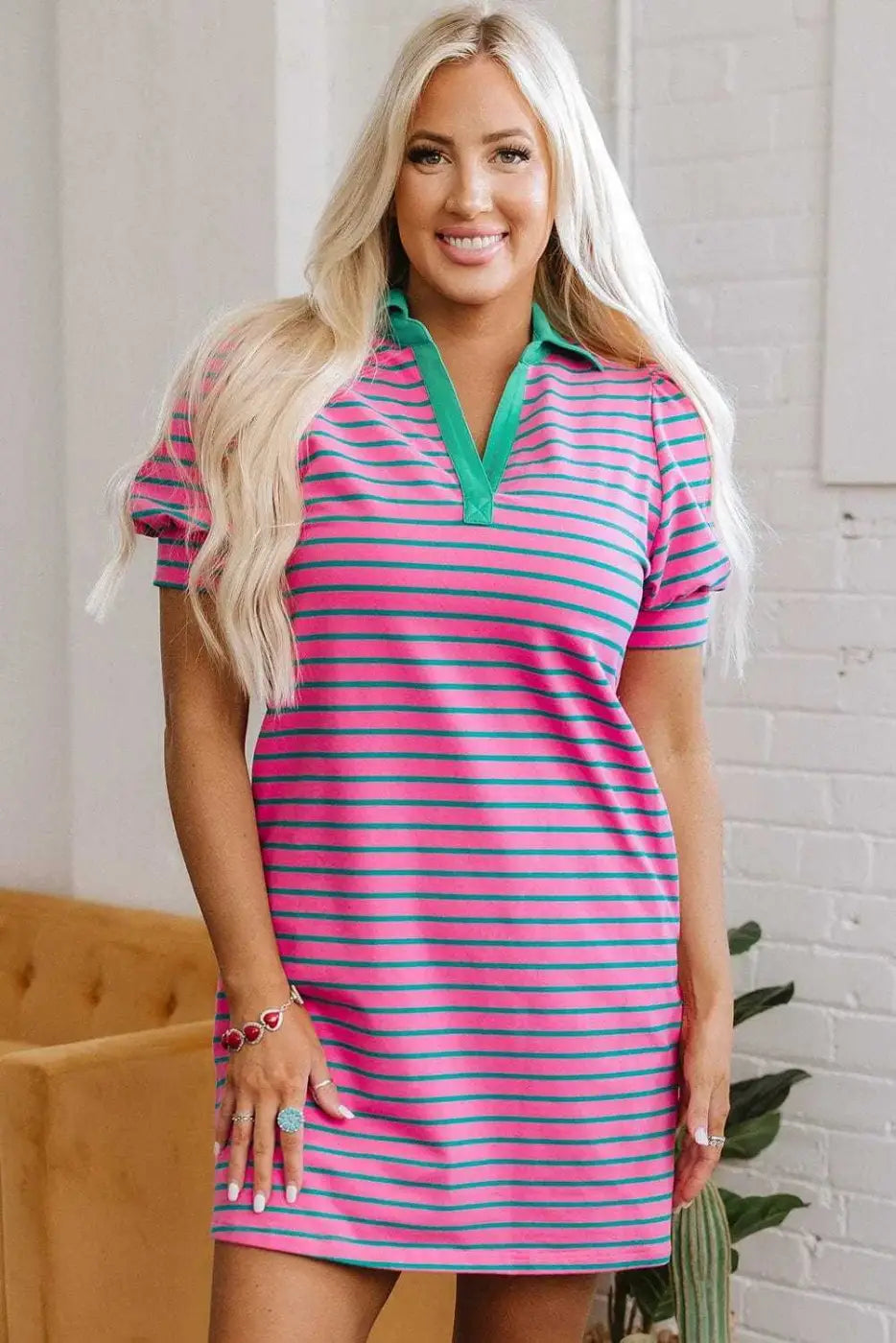 T Shirt Dresses Parisian Stripe Collared Dress - Pink