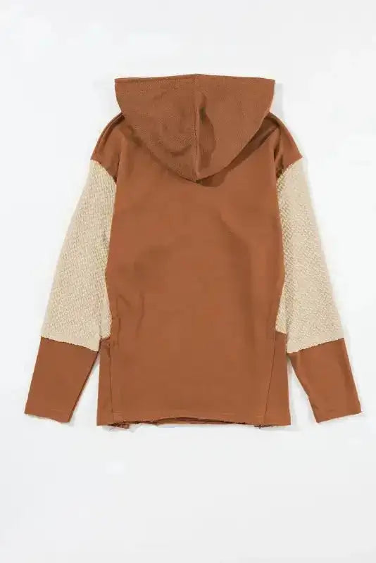 Back view of solid brown Patchwork Hoodie Oversized Textured Knit with waffle-knit sleeves and relaxed fit for casual wear.