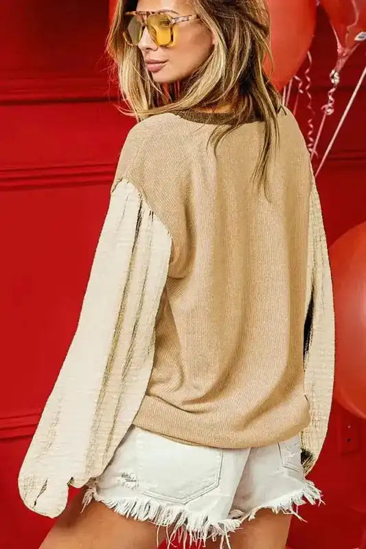 Patchwork Puff Sleeves Blouse - Smoke Gray - Fashionfitz