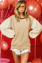 Patchwork Puff Sleeves Blouse - Smoke Gray - Fashionfitz