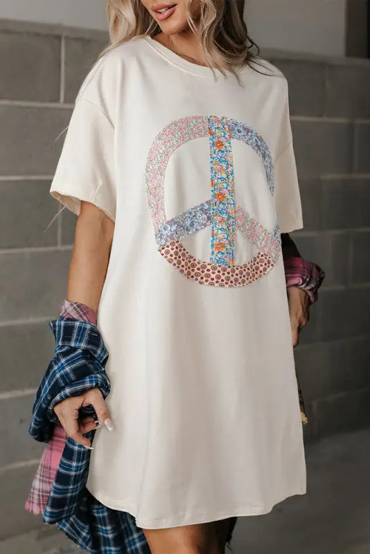 Peace sign floral t-shirt dress - white