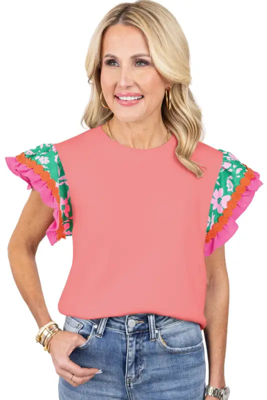 Peach blossom contrast ricrac floral sleeve top - tops/tops & tees