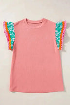 Peach Blossom Contrast Ricrac Floral Sleeve Top - Fashionfitz