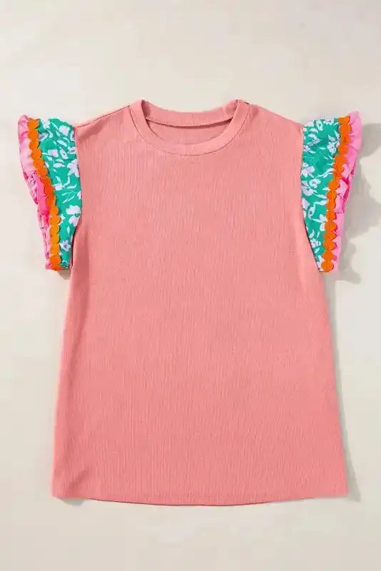 Peach Blossom Contrast Ricrac Floral Sleeve Top - Fashionfitz