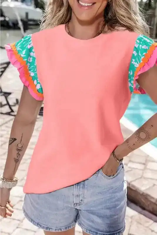 Peach Blossom Floral Sleeve Ricrac Blouse Women UK — front view showing floral-detailed sleeves and contrast ricrac trim — Fashionfitz