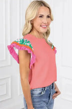 Peach Blossom Contrast Ricrac Floral Sleeve Top - Fashionfitz