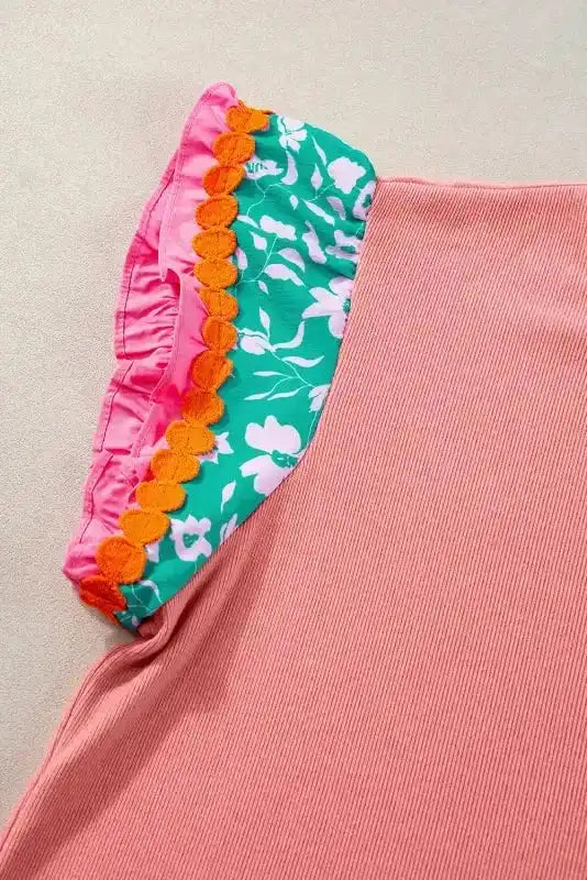 Peach Blossom Contrast Ricrac Floral Sleeve Top - Fashionfitz