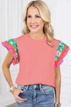 Peach Blossom Contrast Ricrac Floral Sleeve Top - Fashionfitz