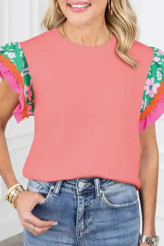 Peach Blossom Contrast Ricrac Floral Sleeve Top - Fashionfitz