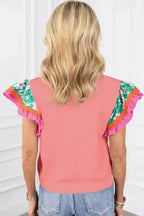 Peach Blossom Contrast Ricrac Floral Sleeve Top - Fashionfitz