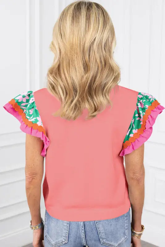 Peach blossom contrast ricrac floral sleeve top - tops/tops & tees