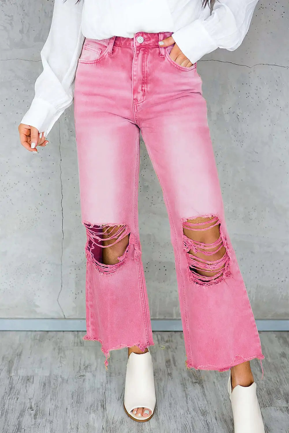 Peach blossom distressed hollow - out high waist cropped flare jeans - 10 100% cotton