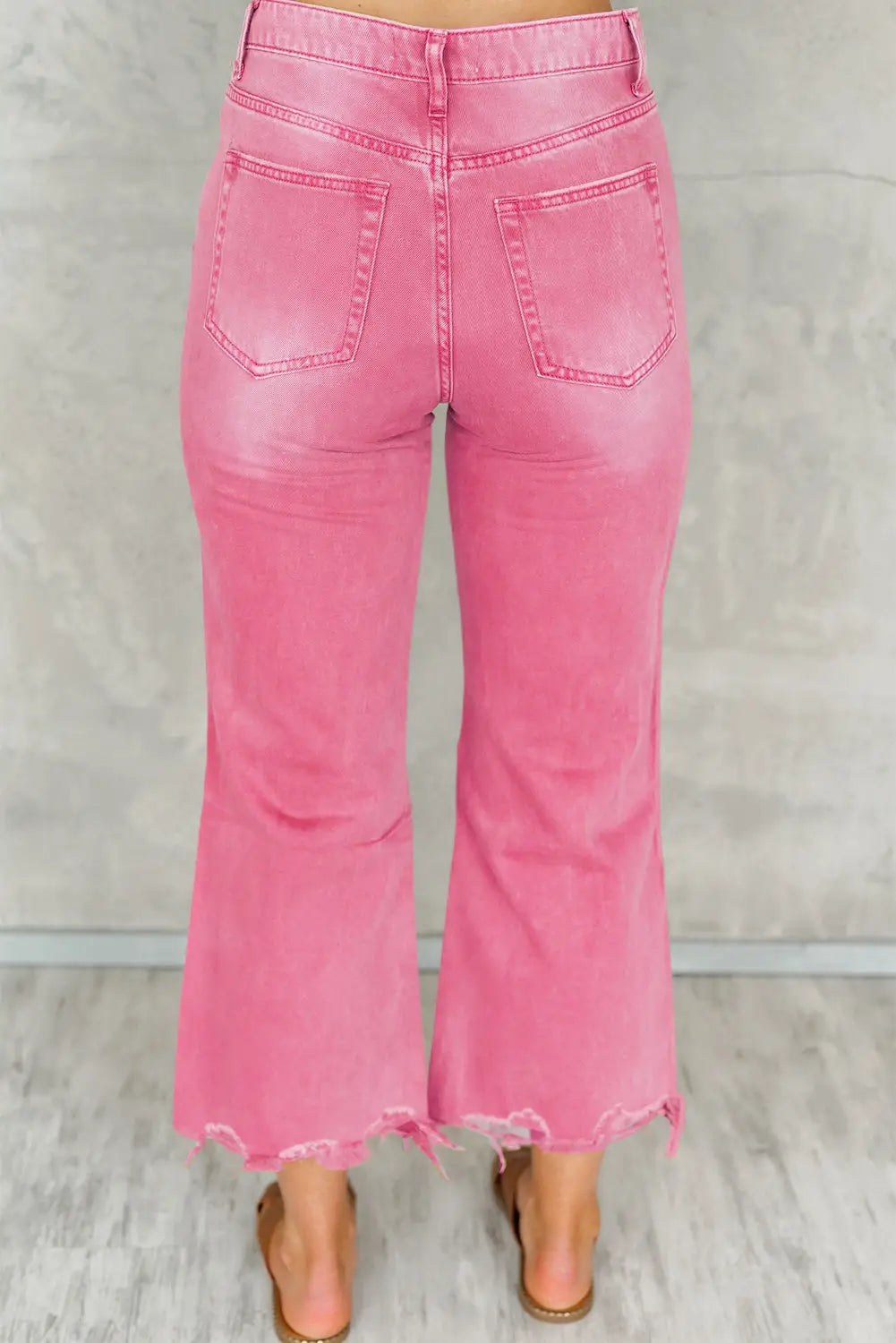 Peach blossom distressed hollow - out high waist cropped flare jeans