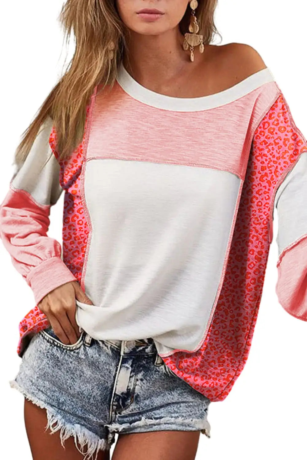 Peach blossom leopard color-block patchwork exposed seam top - long sleeve tops