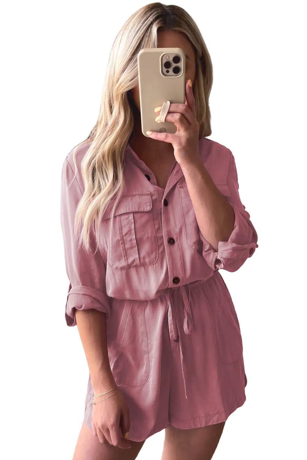 Peach blossom roll up sleeve flap pockets drawstring playsuit - jumpsuits & rompers