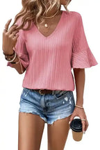 Peach Blossom Ruffled Half Sleeve V Neck Textured Top - Fashionfitz