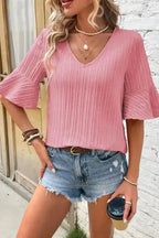 Peach Blossom Ruffled Half Sleeve V Neck Textured Top - Fashionfitz