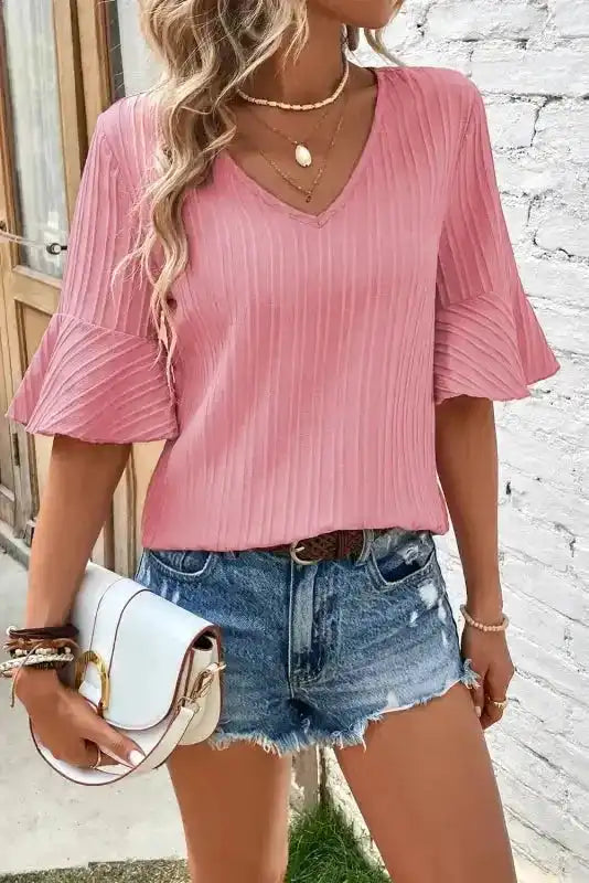 Peach Blossom Ruffled Half Sleeve V Neck Textured Top - Fashionfitz